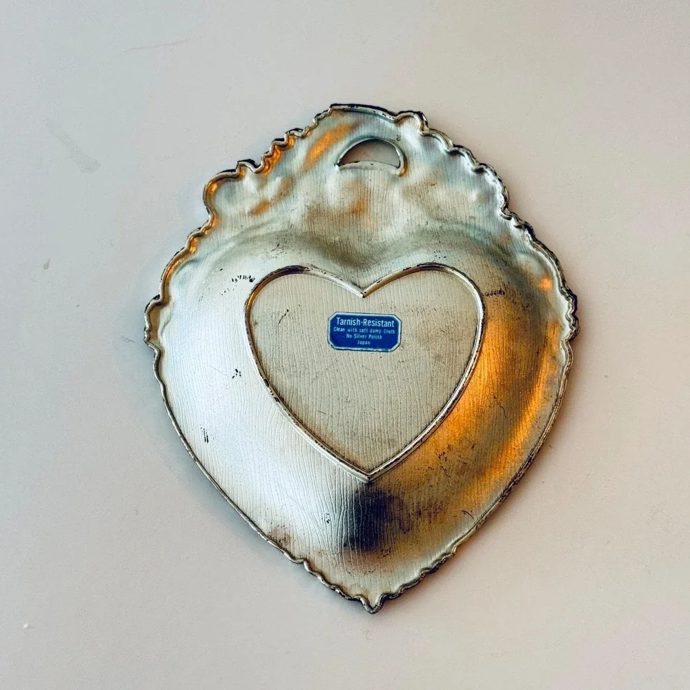 Vintage Heart Silver Plate Trinket Dish Floral Repousse Rose Japan Catchall 6